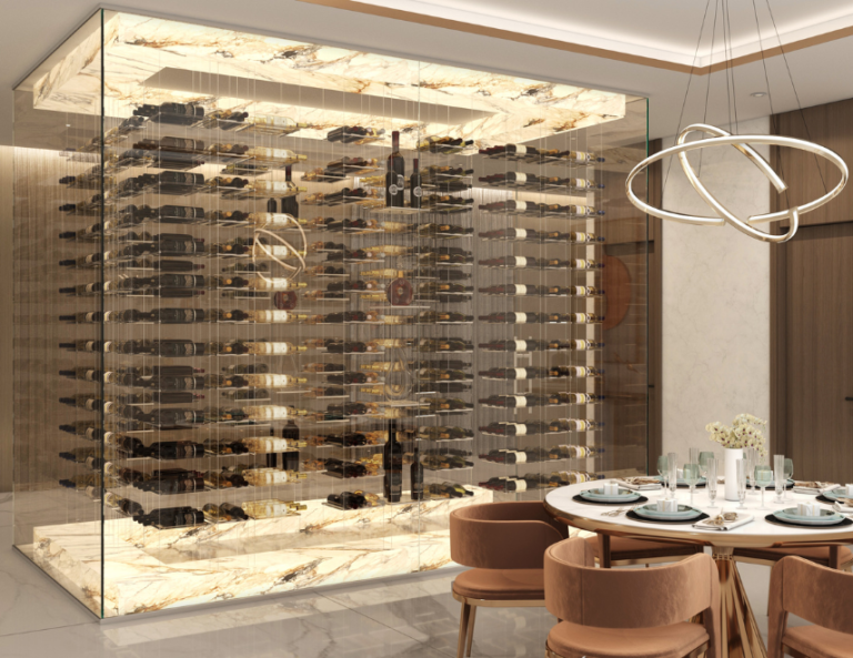 Glass-enclosed floating wine racks